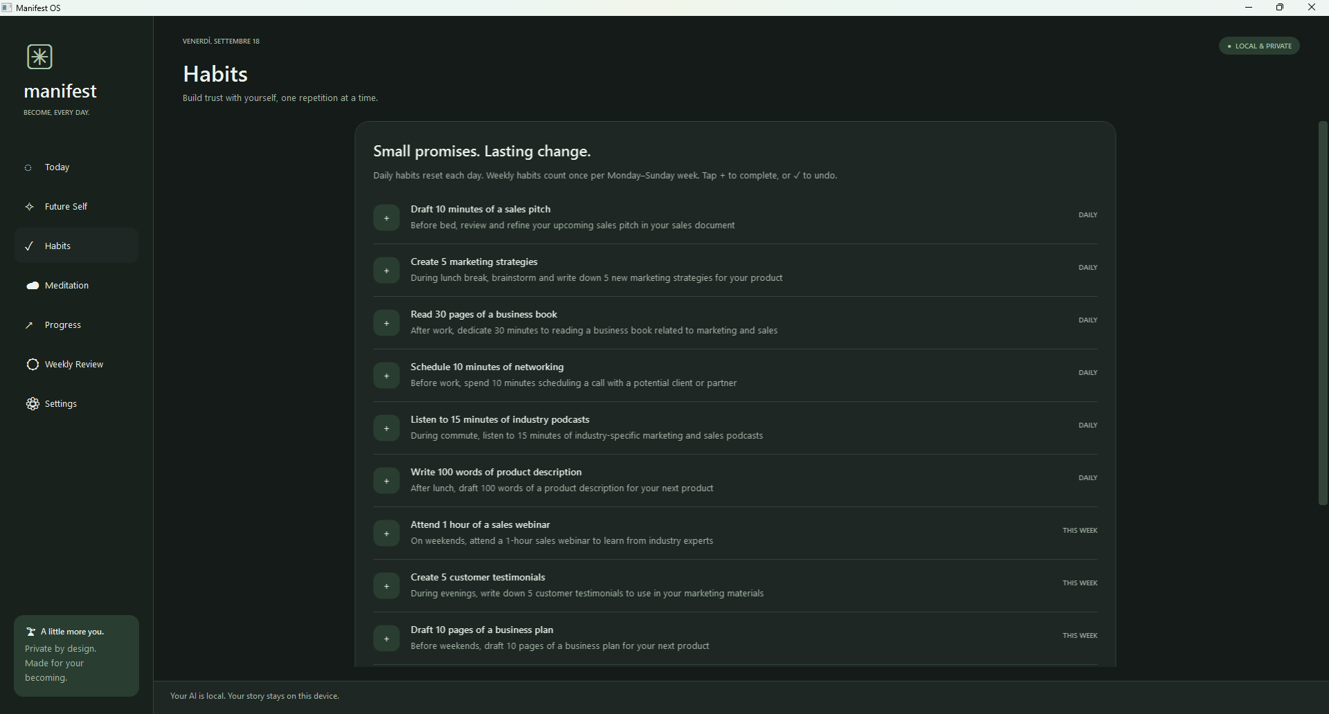 Daily and weekly habits with concrete actions and completion buttons.