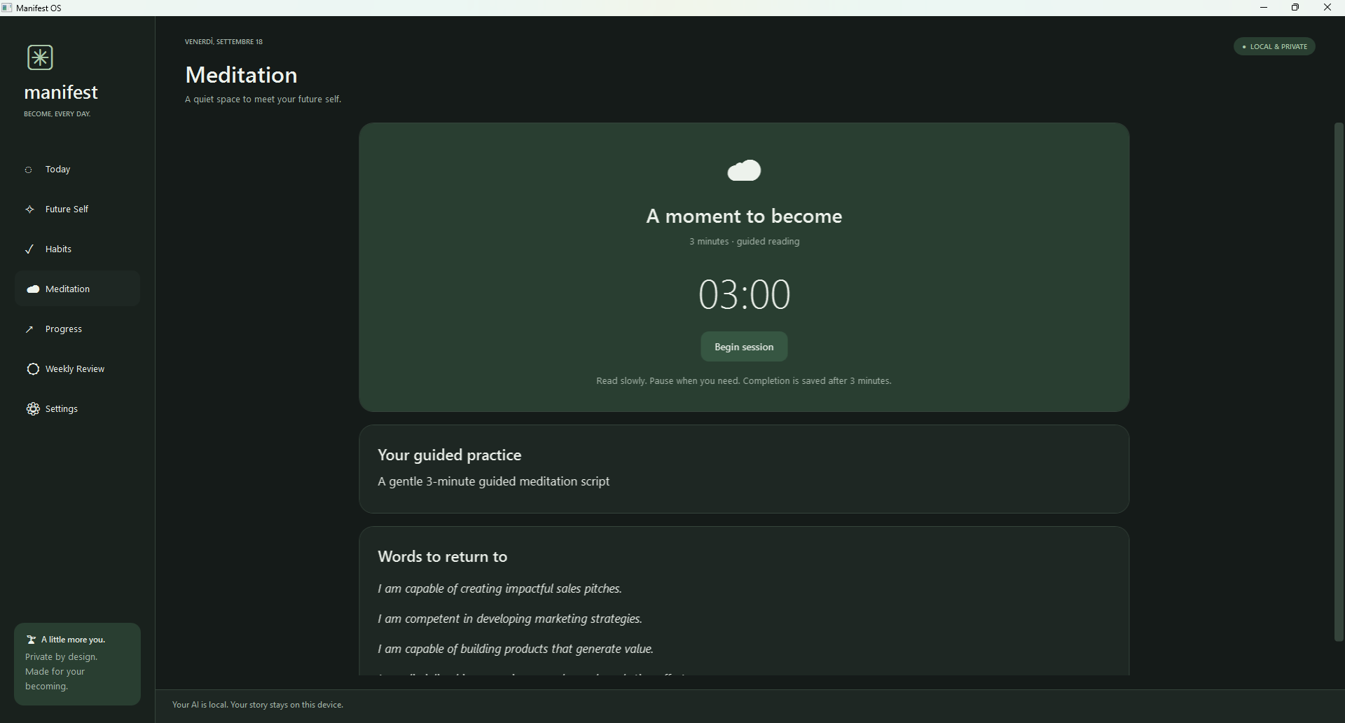 A three-minute meditation timer with guided reading and affirmations.