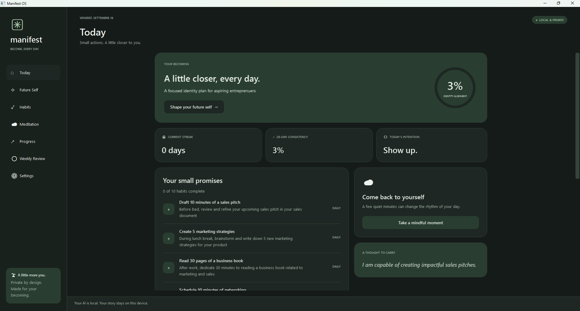Manifest OS Today dashboard showing daily habits, identity alignment, and a mindful moment.