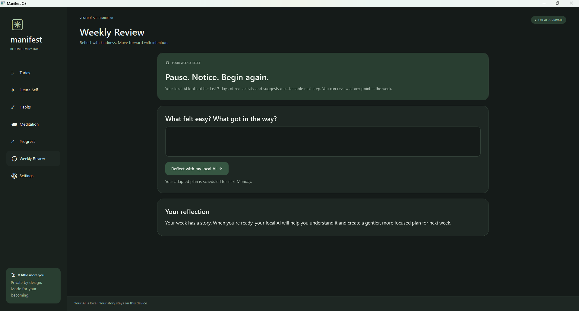 Weekly reflection with local AI support to adapt the next week’s plan.